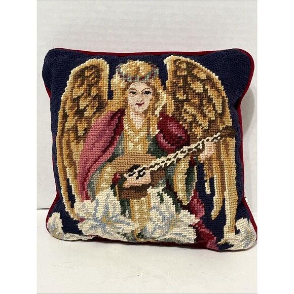 2 Vintage Christmas Throw Pillows Tapestry Needlepoint Teddy Bear And Angel - Picture 5 of 6